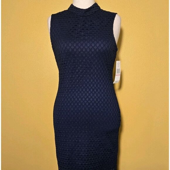 Sharango Stretch Navy Blue Mock Neck Dress 10 Crochet Overlay Sleeveless NWT Co - Picture 1 of 10